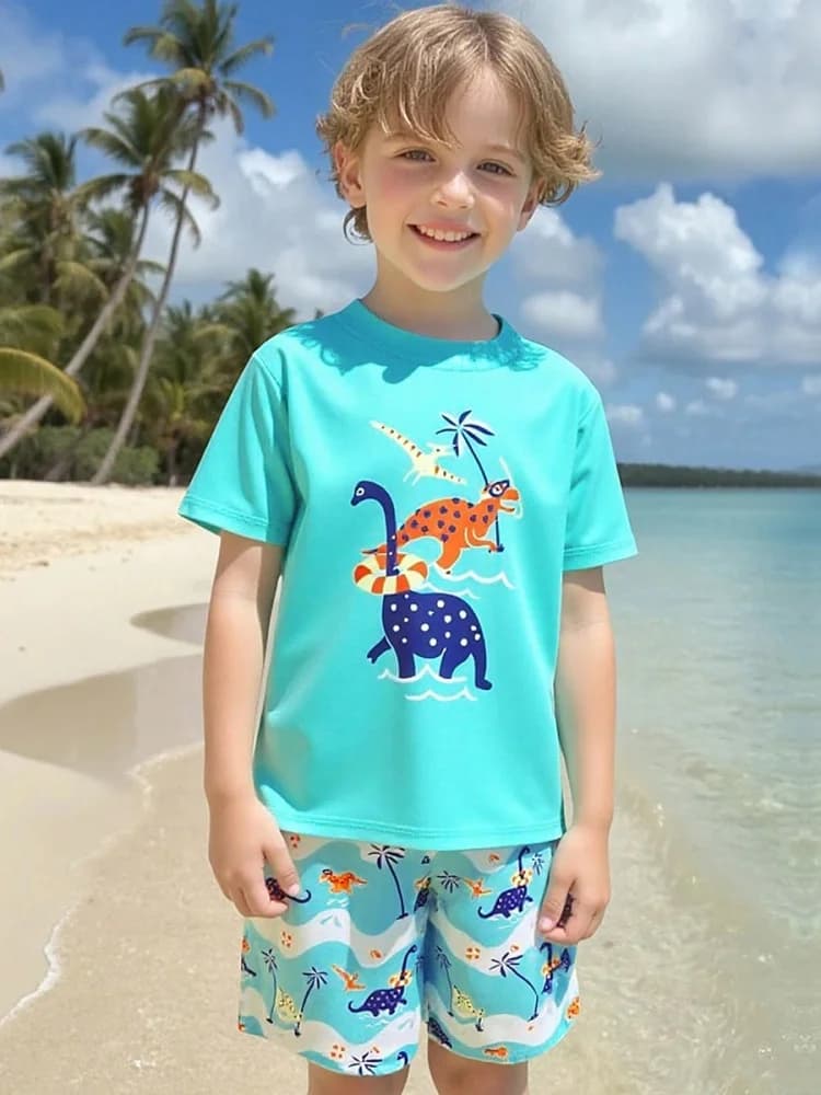 Costume da bagno per bambini ragazzo 2026 Nuovo dinosauro cartone animato maniche corte costumi da bagno per bambini estate due pezzi costume da bagno beachwear per il nuoto