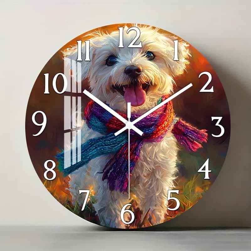 Orologio da Parete Silenzioso in Legno, Decorativo Circolare con Finitura Lucida HD, Ritratto Astratto di Cane con Sciarpa