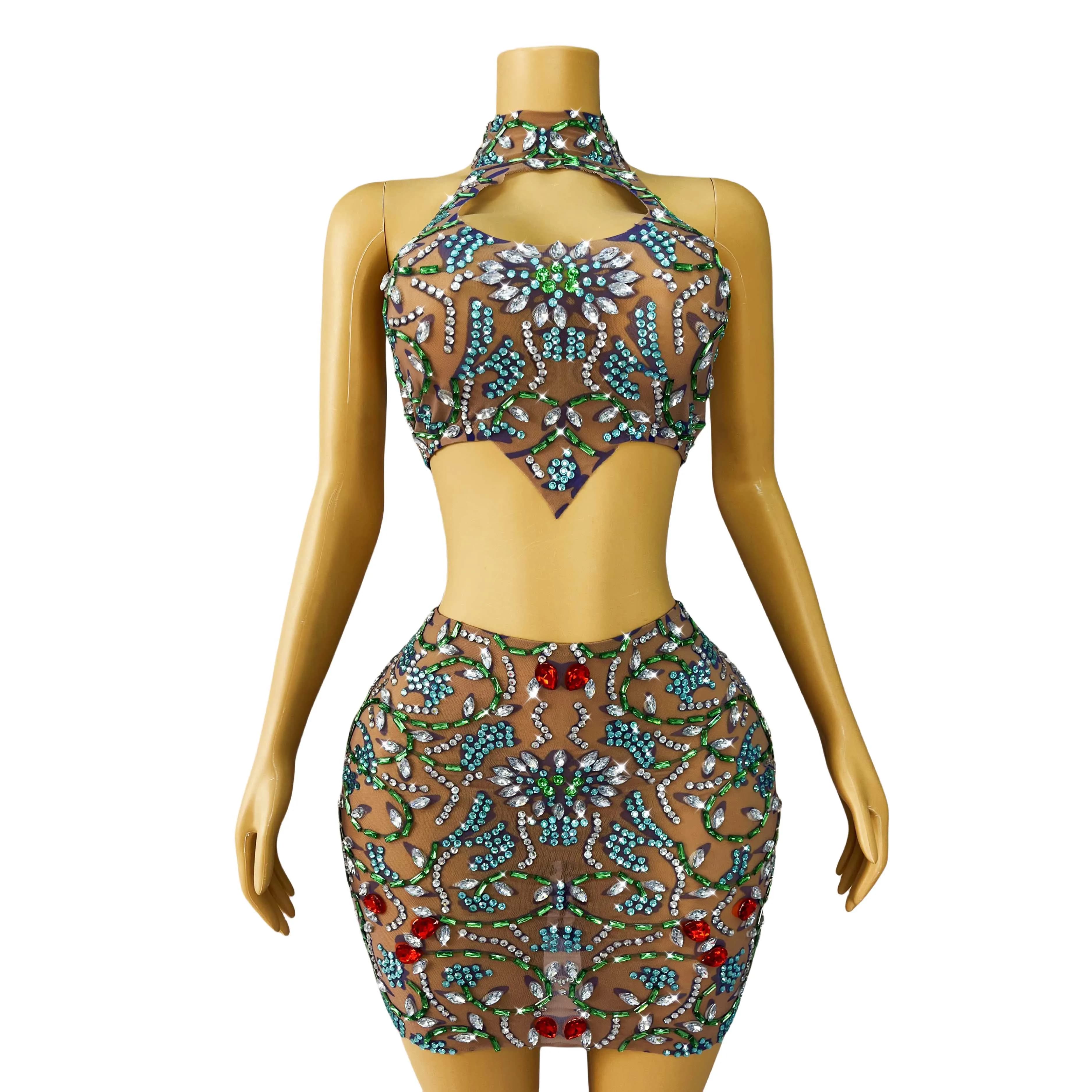 Nuovi strass colorati compleanno celebrare gonna superiore senza maniche estate Sexy Cosplay Outfit Party Singer Stretch Costume huacong