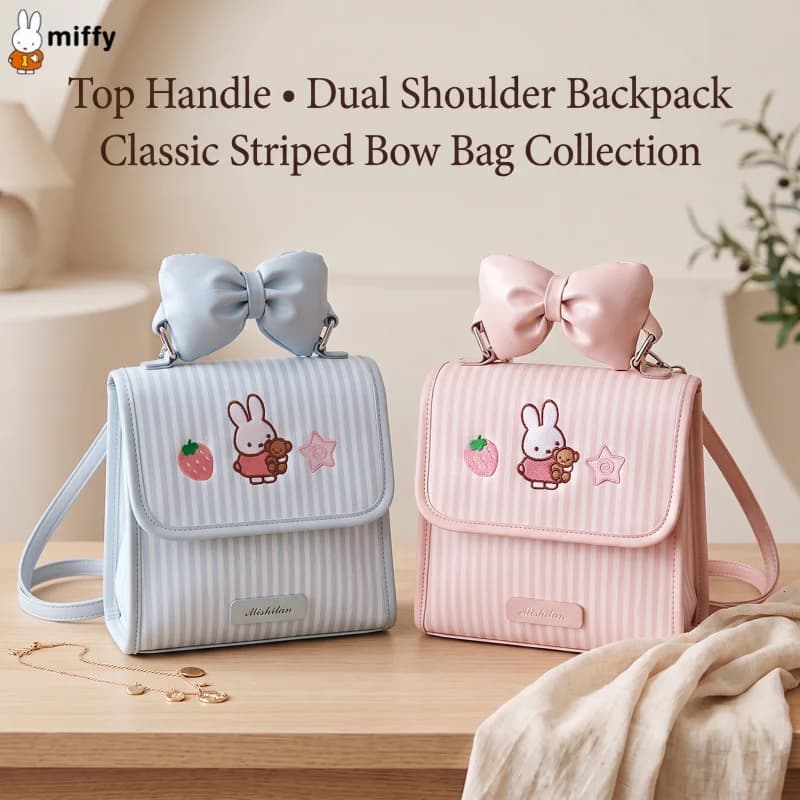 Kawaii Miffy Bow Handbag New 21CM Magnetic Buckle Striped PU Leather Backpack Cosmetics Mobile Phone Storage Bag Girl Gift