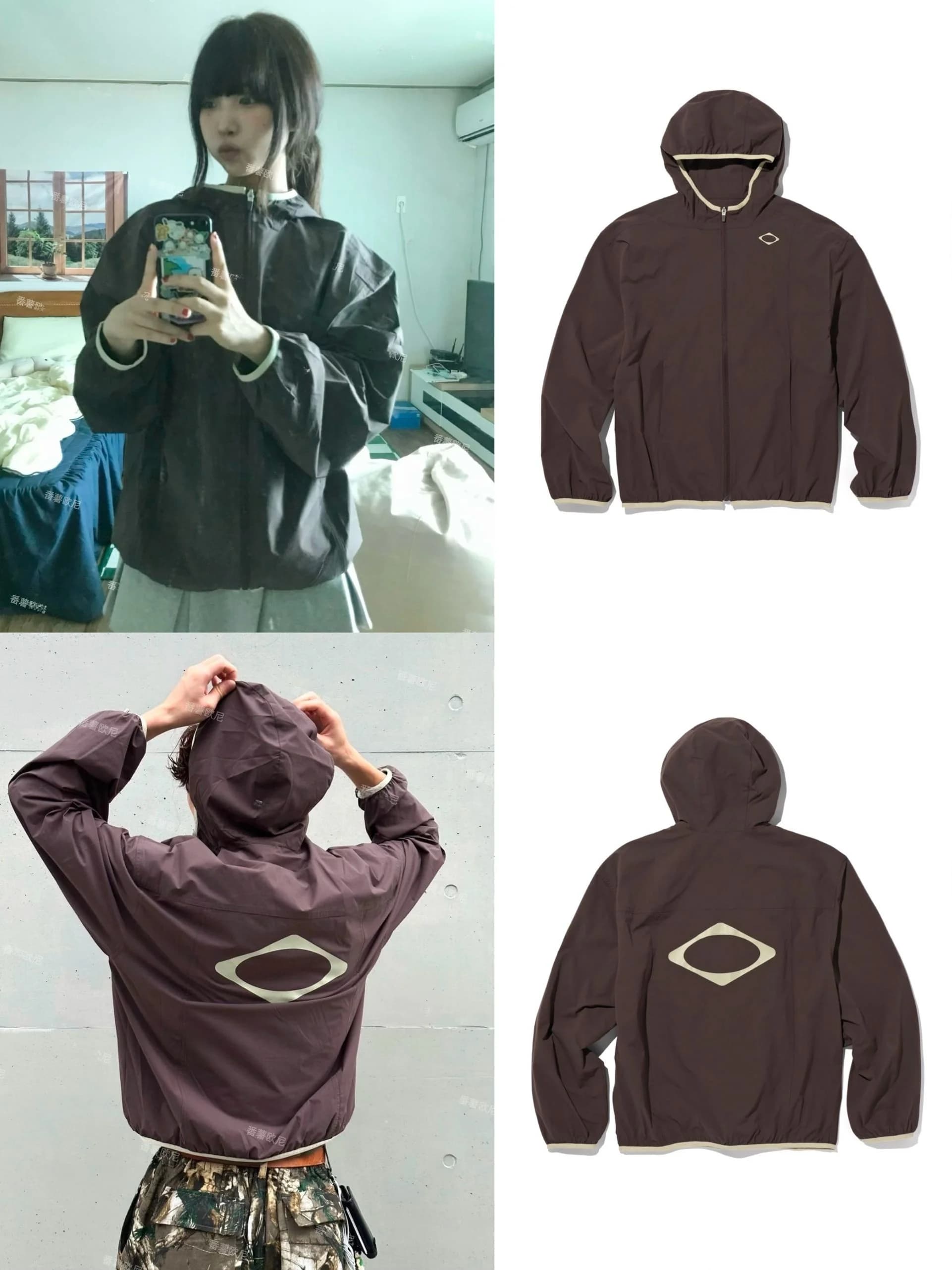 Lightweight Nylon Outdoor Sport Jacket Women's Loose Fit Windbreaker Coat Brown Color with Hat Printed Design Fall Season