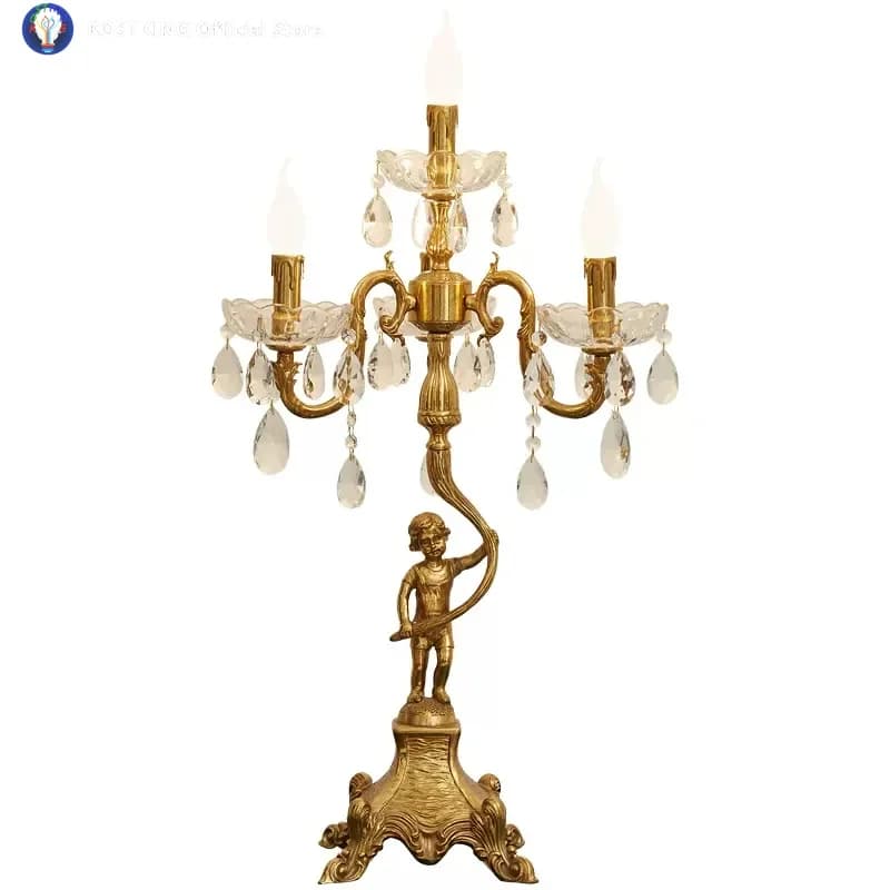 Lampada da tavolo angelo in rame stile barocco per salotto, foyer, deco, portacandele a led, lampada da scrivania classica con candeliere in cristallo per matrimonio