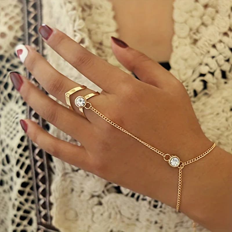 Elegant Punk-Inspired Zirconia Finger Ring Bracelet - Luxurious Zinc Alloy, Perfect for Casual Attire & Valentine's Gift