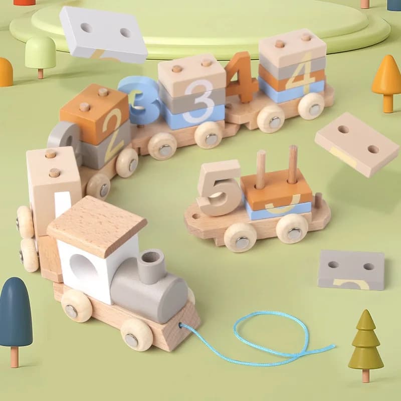 Wooden Number Building Blocks Train Pull Along Educational Stacking Puzzle Baby Intellectual Learning Number Recognition Toy