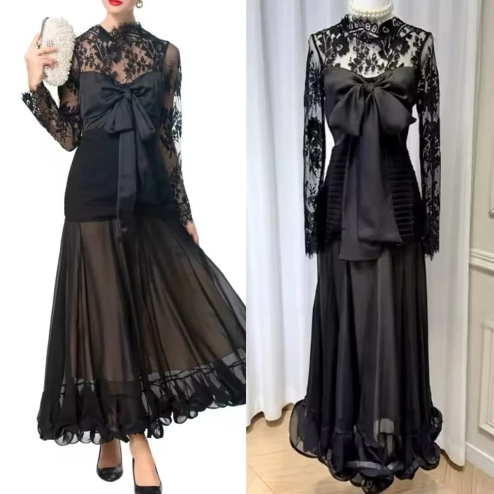Taglie intricate personalizzate disponibili Abiti in organza con fiocco increspato in pizzo dritto gioiello alla caviglia Abiti da cerimonia su misura Casual