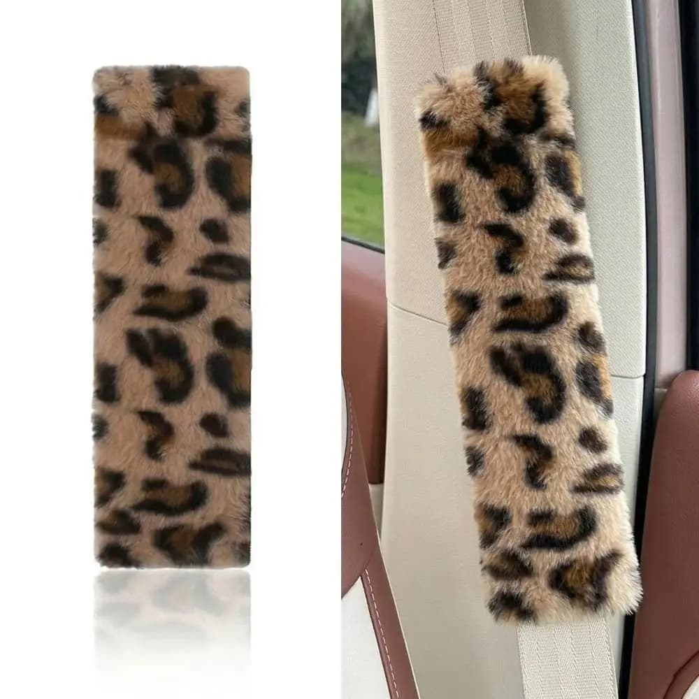 Leopard Print Car Seat Belt Shoulder Pads Durable Imitation Rabbit Fur Car Seat Belt Cover Anti Slip Soft Fluffy