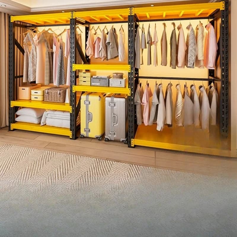 Scaffale Combinato Nero e Giallo, Armadio in Acciaio, Scaffale Metallico Aperto, Appendiabiti da Terra per Casa, Espositore per Vestiti