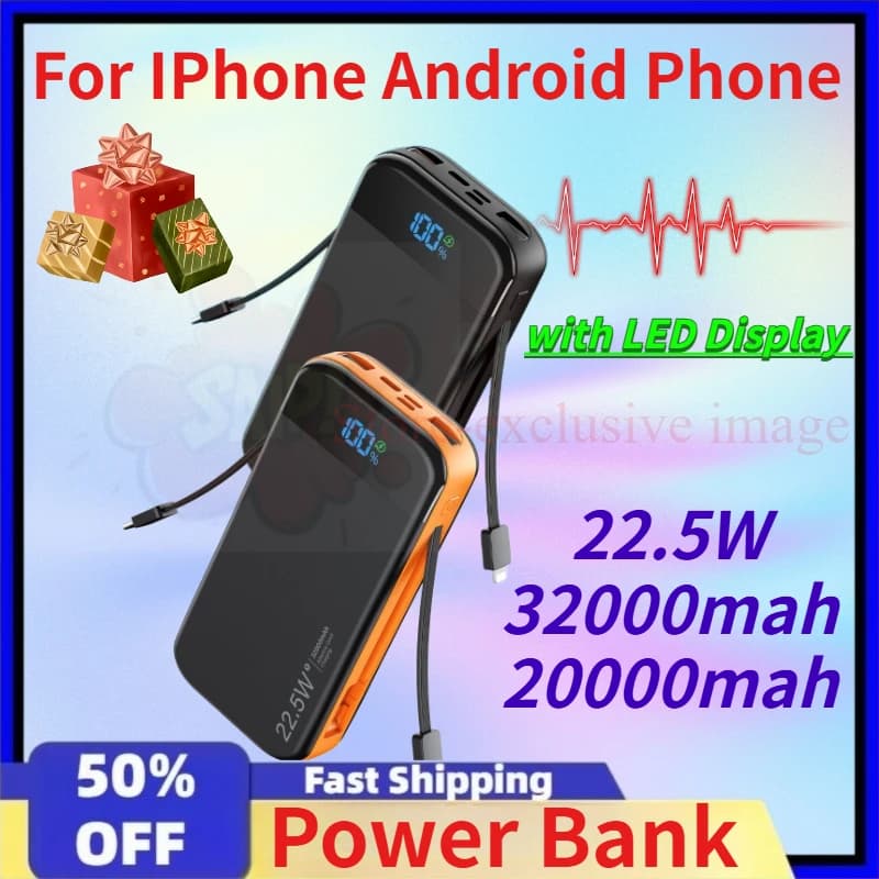 22.5W 32000mah Power Bank Fast Charging Portable Charger External with LED Display for IPhone Android Phone PowerBank (3CCC)