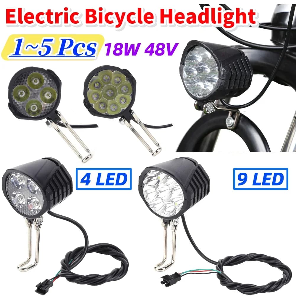 1-5PCS Electric Bicycle Light 18W 48V 4 LED/9 LED with Horn Electric Scooter LED Front Light Easy Installation Replacement Parts