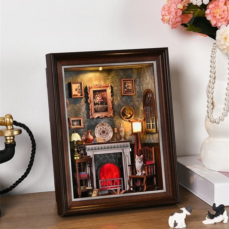Kit angolo libro Camino Fai da te Puzzle in legno 3D Cornice per foto Ornamento Scaffale Modello casa delle bambole Fermalibri Costruzione Decorazione della casa