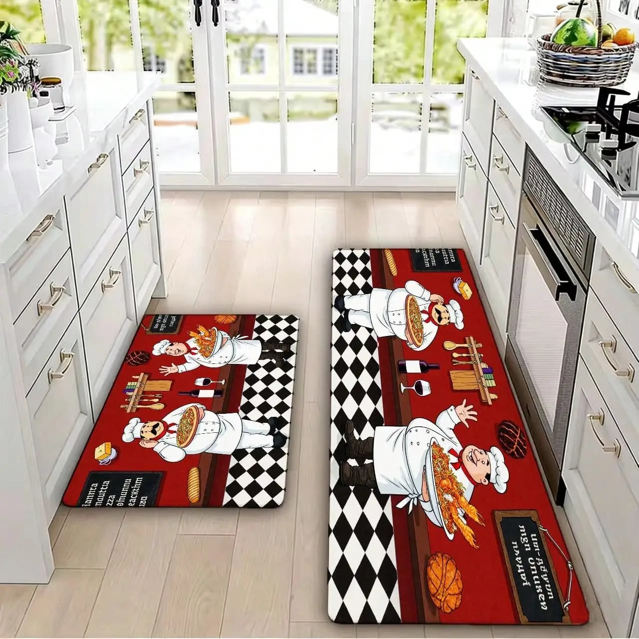 Divertente Tappetino da Cucina per Chef - Tappeto Anti-Fatica con Cartoni Animati di Cuochi, Pizza e Pasta, Rosso e Nero a Quadretti, Antiscivolo, Disponibile in Diverse Misure