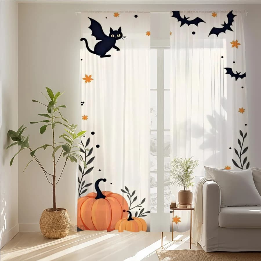 2PCS Digital Print Sheer Curtain, Cute Black Cat Bat Pumpkin Halloween Spooky Window Drapes for Living Room Bedroom Home Decor