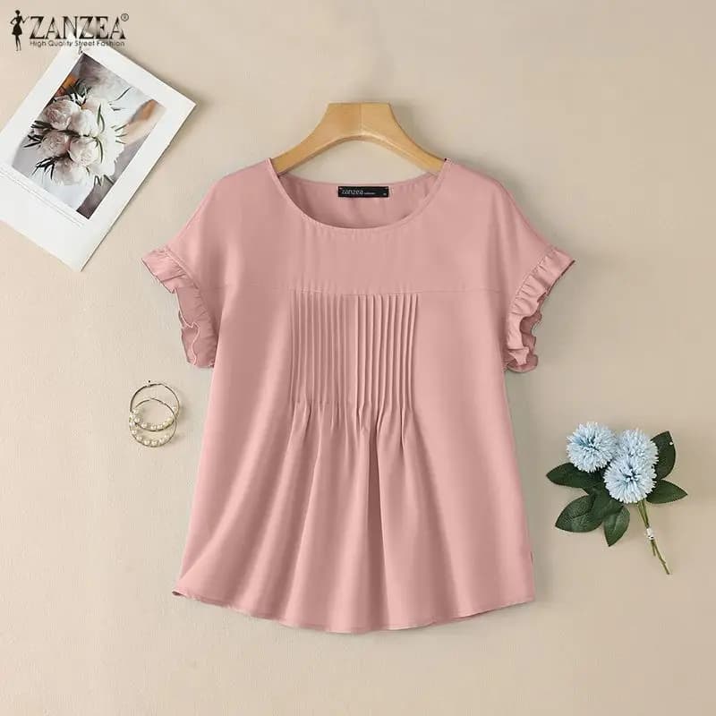 ZANZEA Summer Blouse Women Casual O Neck Short Ruffled Sleeve Tops Eleagnt Solid Pleated Work Shirt Female Loose Blusas Mujer