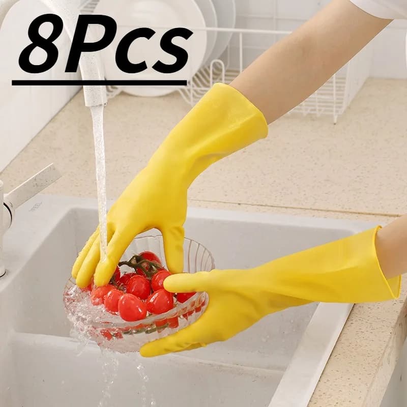 Set di 8 Guanti in Lattice Resistenti per Lavare i Piatti - Giallo Brillante, Riutilizzabili, Morbidi e Durevoli per Cucina e Pulizie