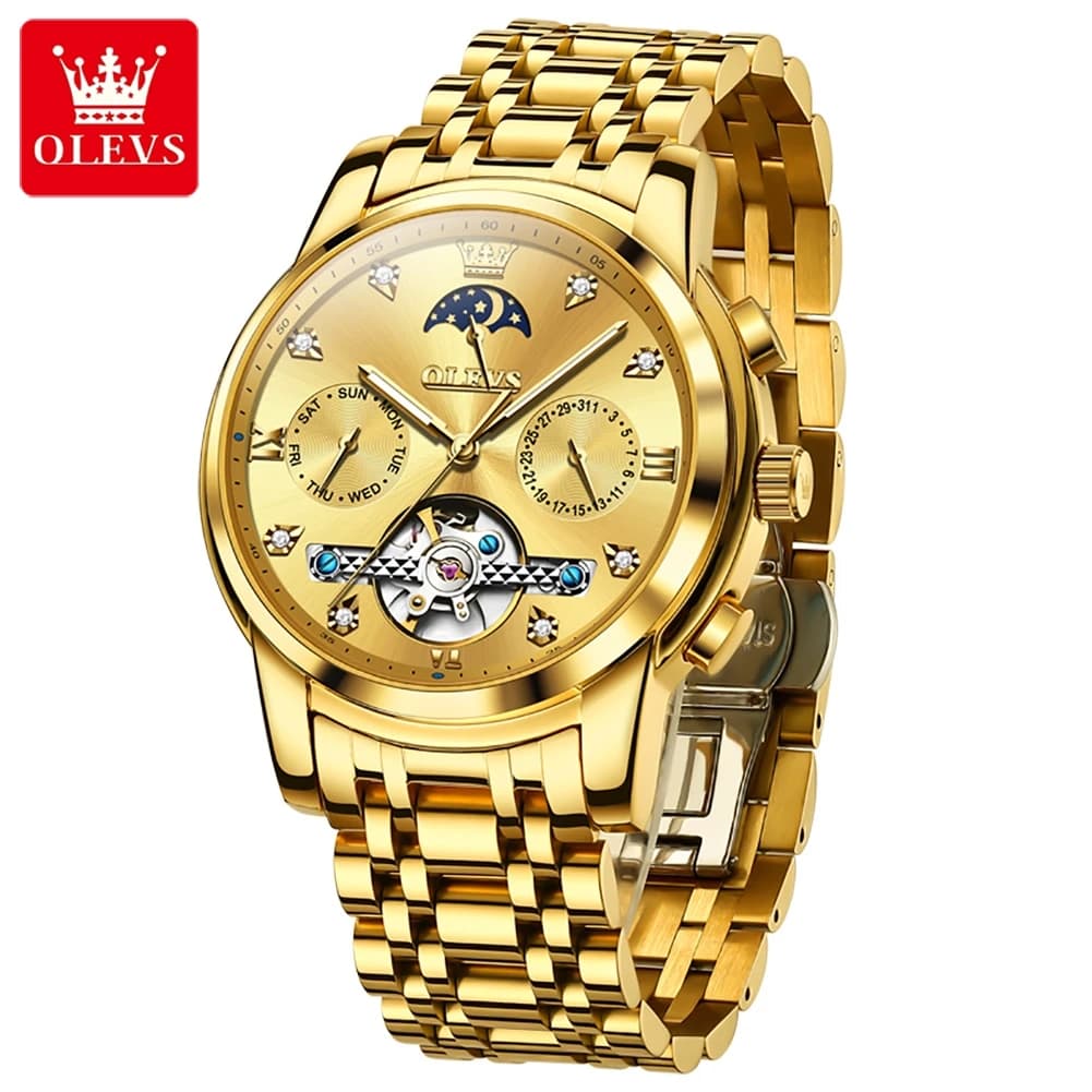 OLEVS Luxury Gold Tourbillon Watch for Men Stainless Steel Strap Waterproof Date Moon Phase Fashion Mechanical Watches Mens