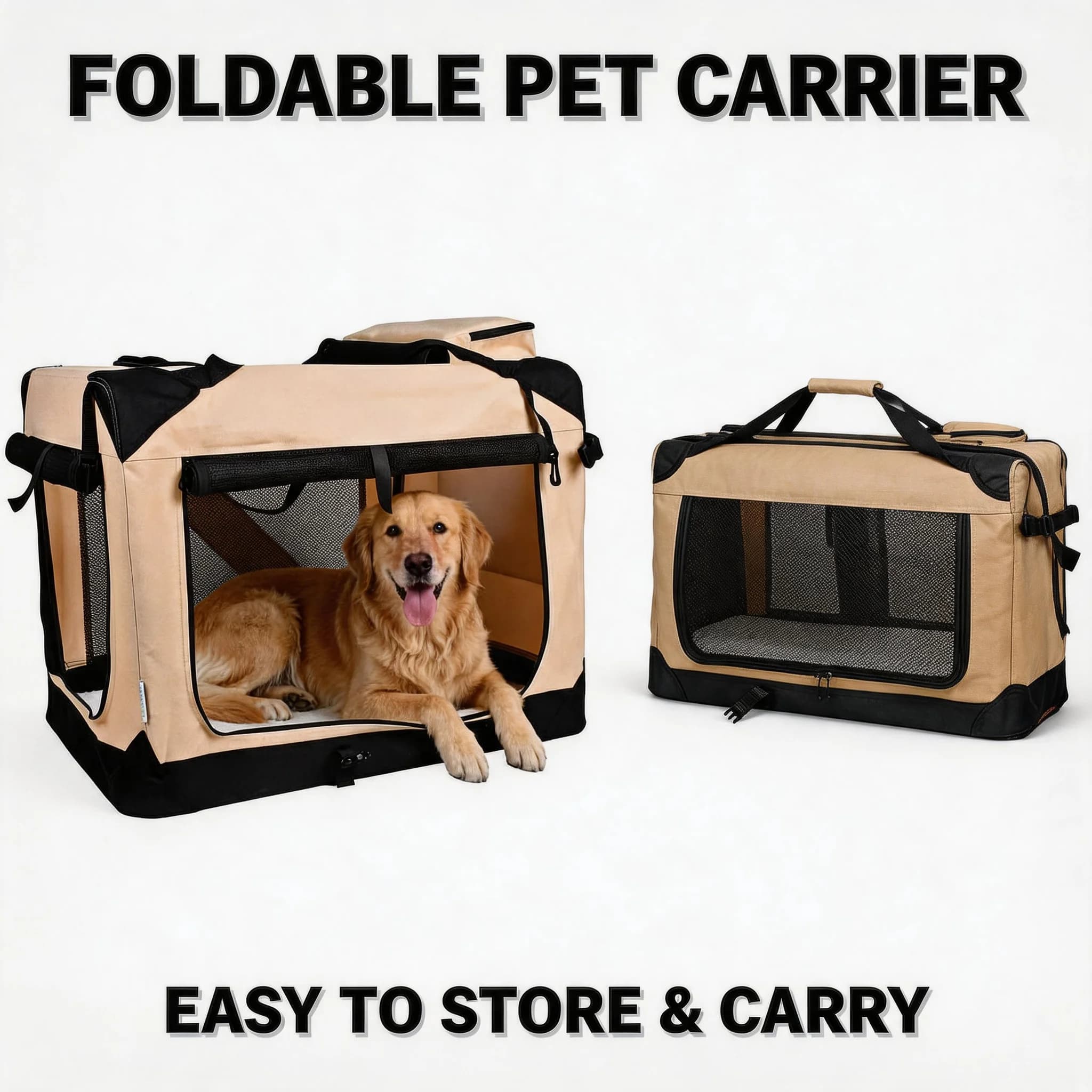 Soft Transport Padded for Dogs and Cats, Foldable cage with 3 doors with Belts and Car Mat