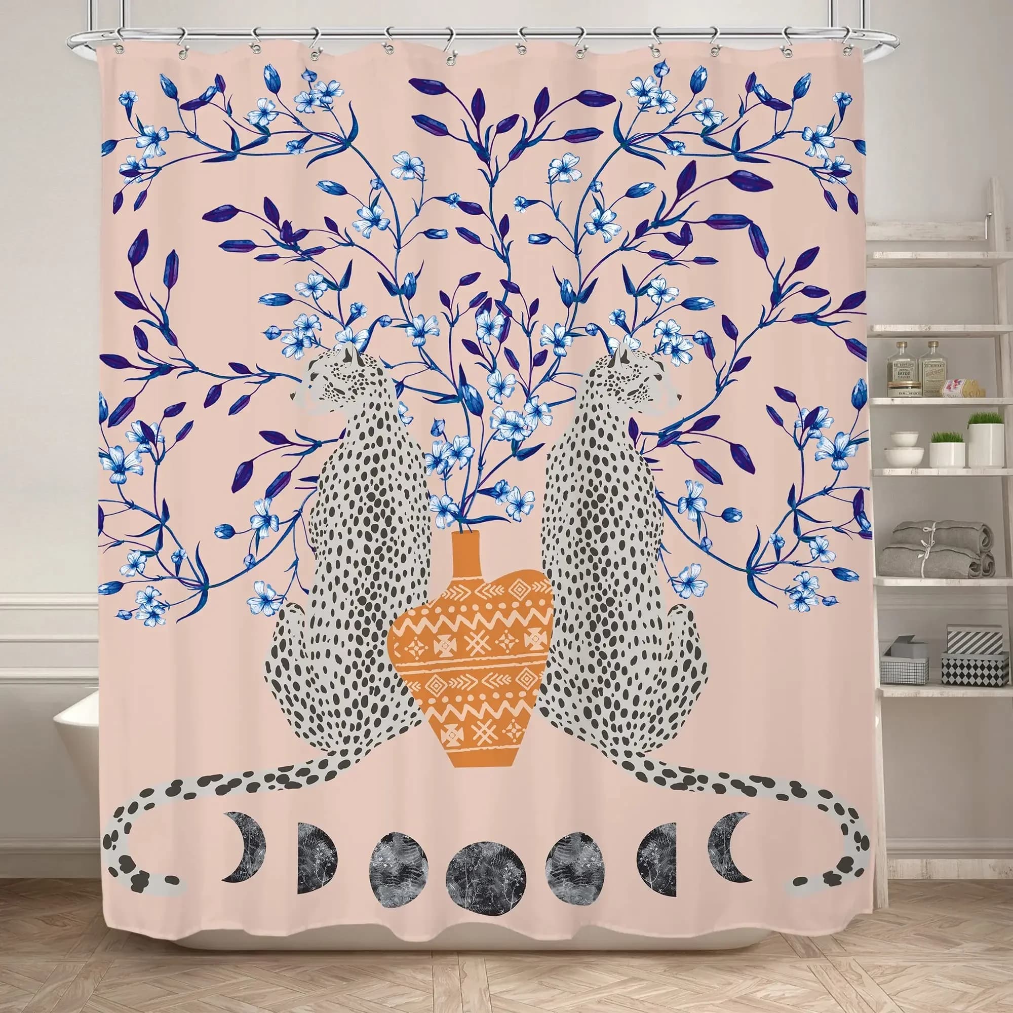 Tenda da doccia Boho Cheetah, tenda da bagno tropicale leopardata della fauna selvatica, tenda da bagno floreale blu moderna rosa estetica con fasi lunari