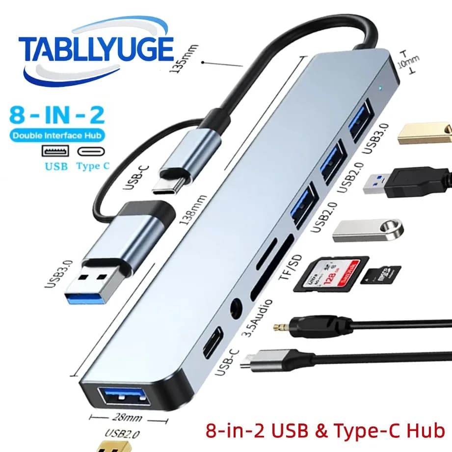 Hub TYPE-C Hub USB 3.0 Extender USB 8 in 2 con lettore di schede SD/TF e jack audio da 3,5 mm per dispositivi MacBook/PC/laptop/tablet Splitter