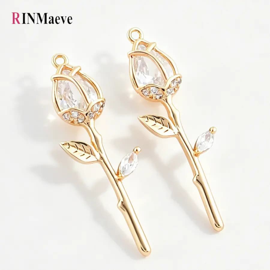 4PCS 9.5*29MM Rose Flower 18K Gold Color Brass with Zircon Charms Pendants Bracelet Necklace Jewelry Making Supplies Accessories