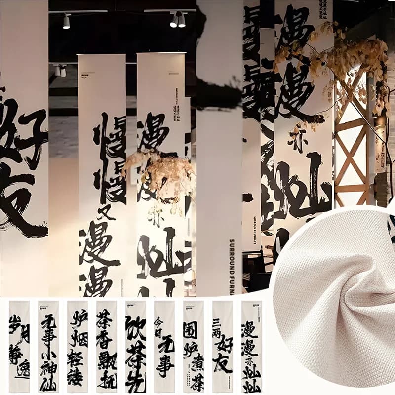 Outdoor Camping Calligraphy Curtain Tea Scene Atmosphere Tapestry Decorative Backdrop Cloth for Homestay Courtyard Patio Decor