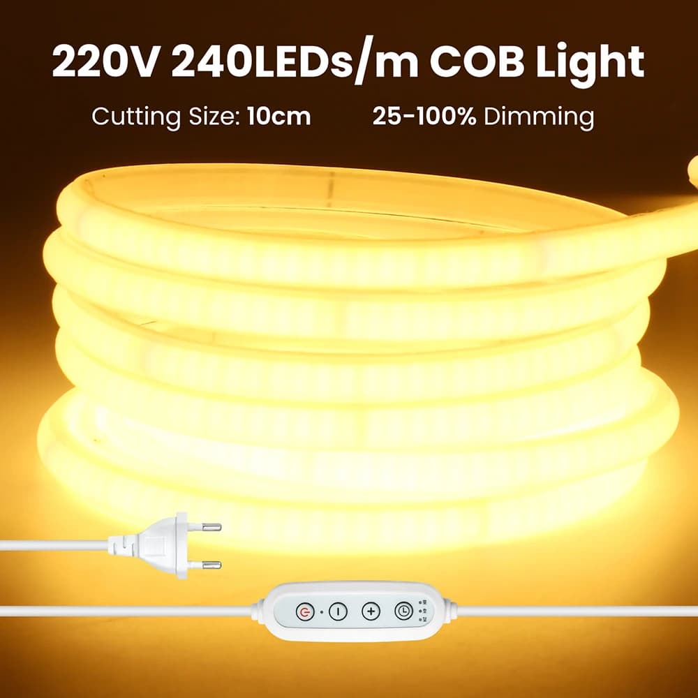 4key Switch Dimmable COB Neon LED Strip Light Flex Tape 3000K 4000K 6000K IC Chip Version 240LEDs/m 220V Eye Protection 10cm Cut