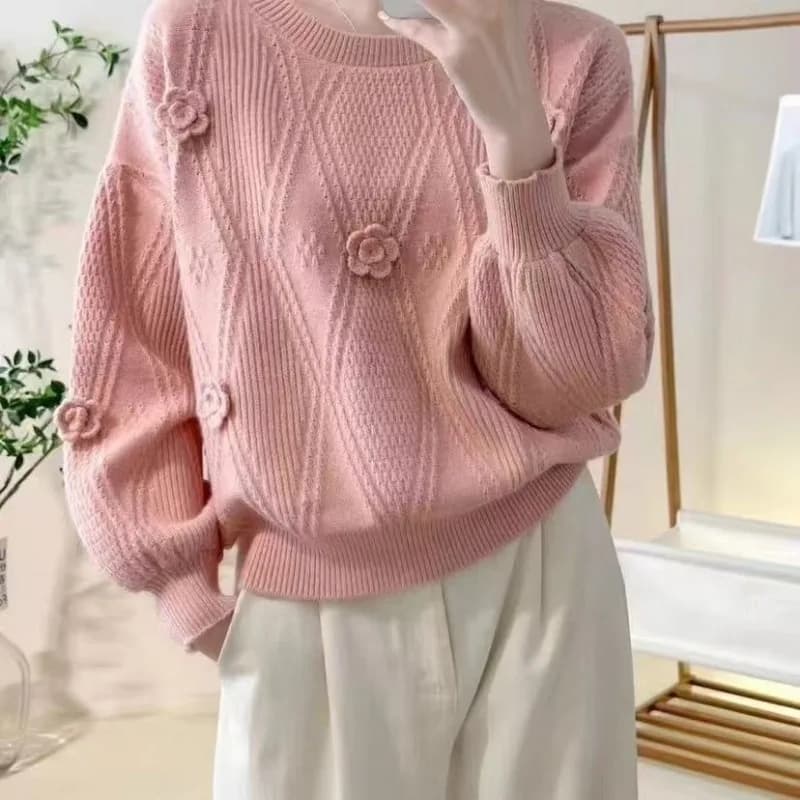 Flower Autumn and Winter Bottoming Shirt Sweater Bottoming Loose Lantern Solid Color Round Neck Pullover Fashion Top