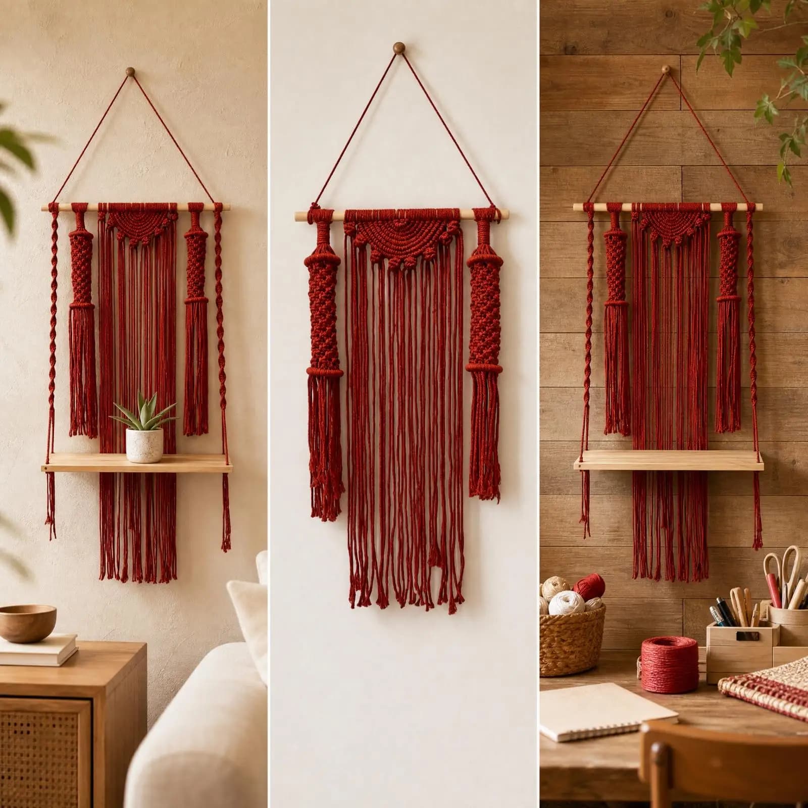 Wall Hanging Tapestry Macrame Cotton Boho Art with Wood Stick Fringe for Entryway Living Room Cozy Decor