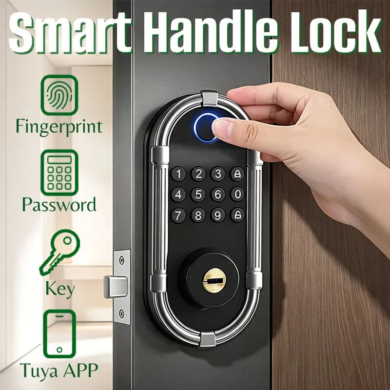 Tuya System Smart Electronic Fingerprint Handle Lock for Home Security Keypad Entry Key Unlocking Type-C Emergency Power