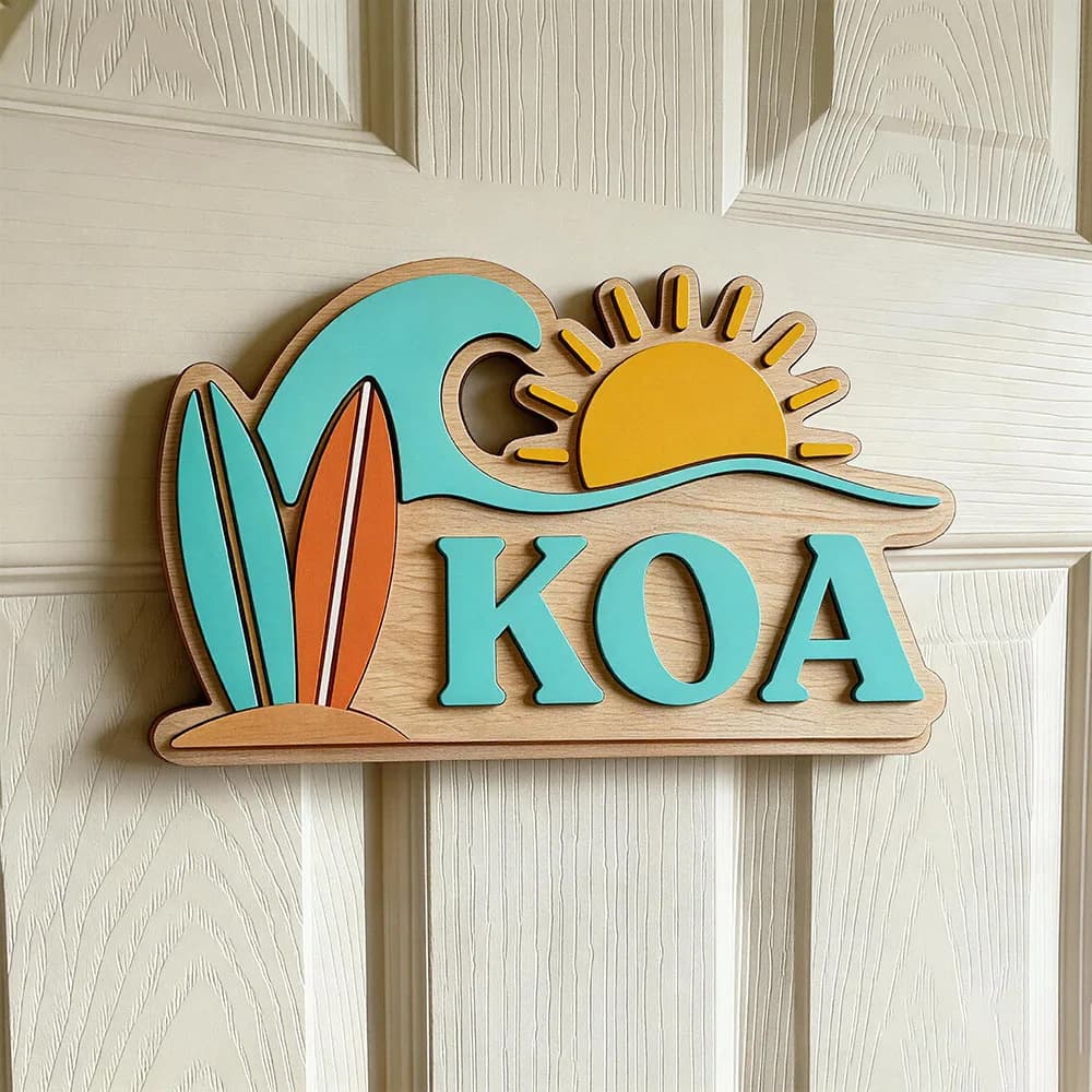 Targa Personalizzata in Legno a Tema Oceano Tropicale con Nome, per Cameretta Bambini, con Motivo Onda da Spiaggia e Surf, Insegna da Porta o per la Cameretta