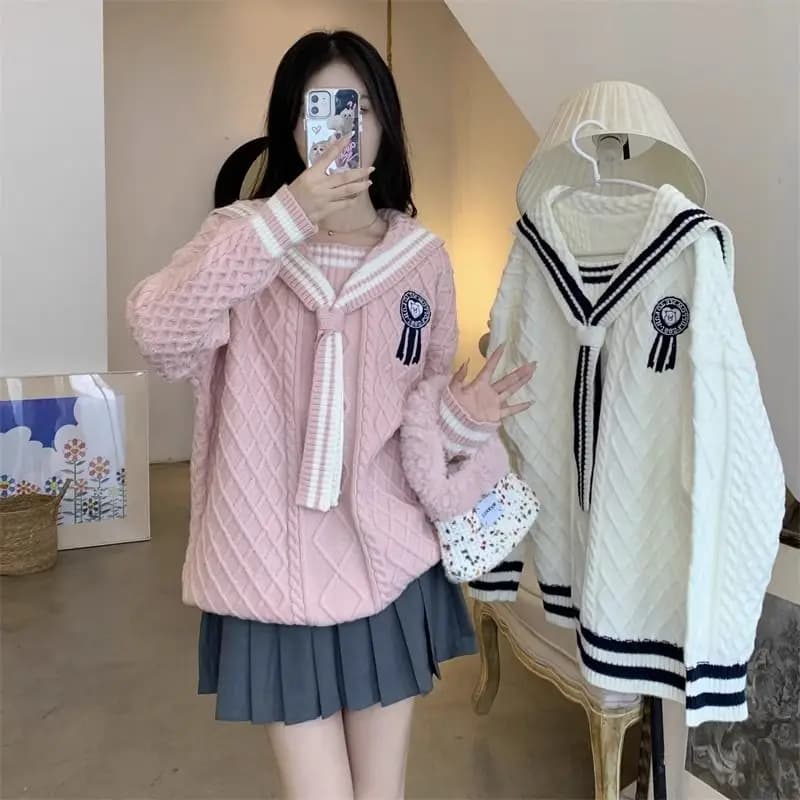 Navy Collar College Style Sweater for Women in Autumn New Sweet and Gentle Sweater Slimming Top