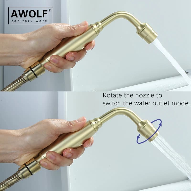 Sistema Bidet WC Awolf Oro Spazzolato, Doccetta Igenica in Ottone Massiccio a Due Funzioni, Doccia Bagno Acqua Morbida AP2337