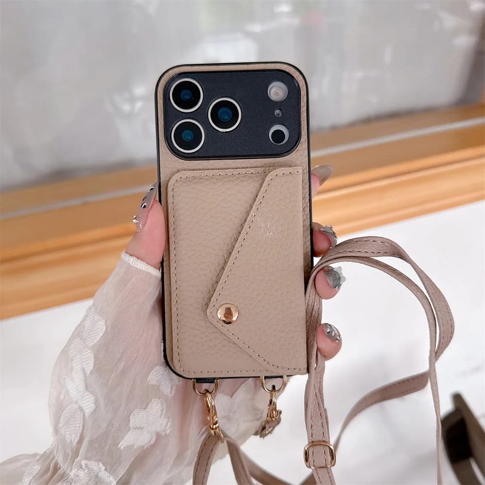 Custodia a tracolla in pelle con porta carte e laccetto per iPhone 17 Air 16E 15 14 13 12 11 Pro Max XR XS 8 7 Plus