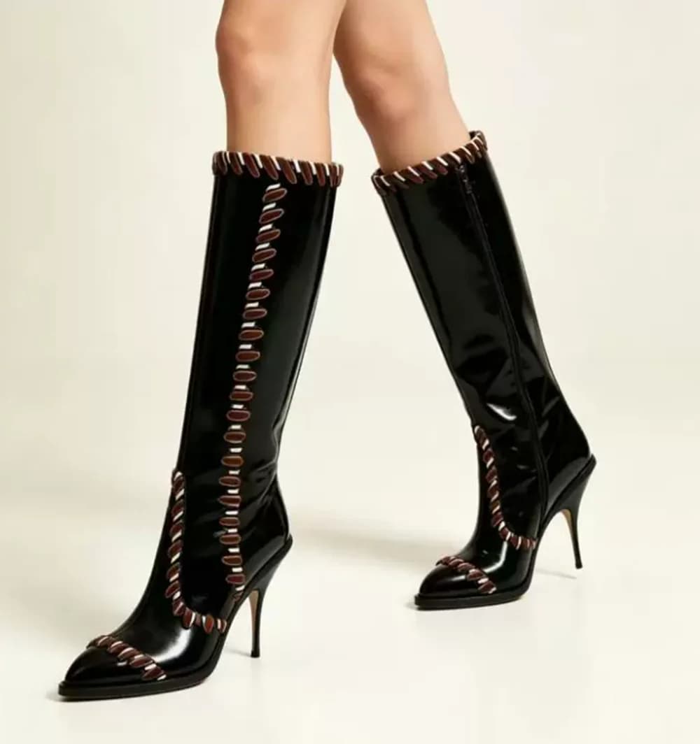 Glossy Black Patent Leather Mid-Calf Stiletto Boots Contrast Brown Edge Detailing Pointed Toe Retro Western Cowboy Style Boots