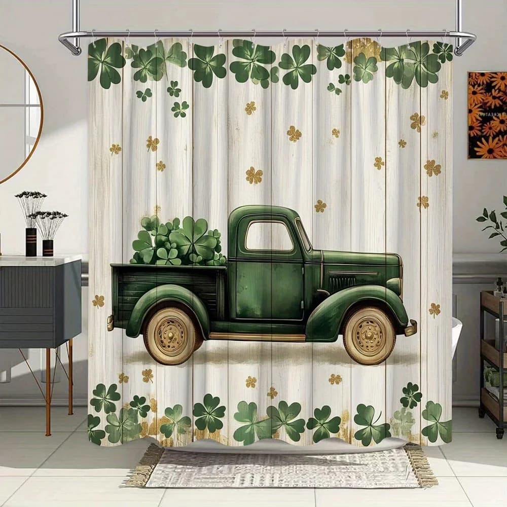 Tenda da doccia per camion verde vintage - Quadrifoglio, sfondo in legno invecchiato, accenti di foglie dorate, poliestere