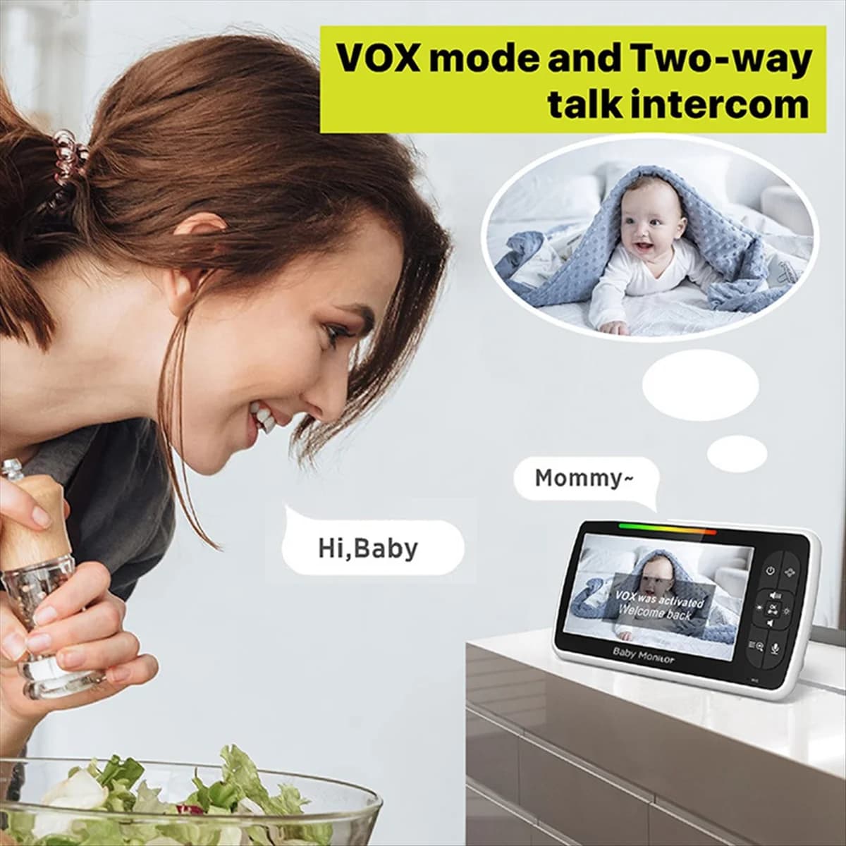 ABJY Baby Monitor HD da 5 pollici, Baby Monitor video, Zoom panoramico con inclinazione remota Ampio angolo di visione, Telecamera di sicurezza per telecamera per bambini, Spina americana