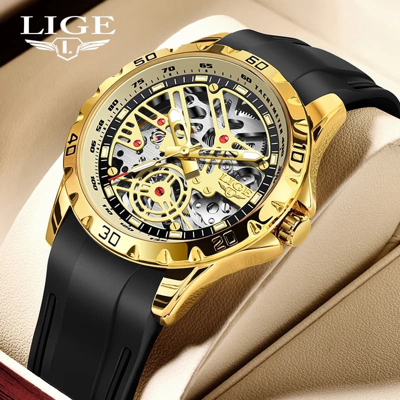 LIGE Fashion Casual Mechanical Man Watch Tourbillon Hollow Waterproof Luminous Watches for Men Silicone Clock Automatic Movement