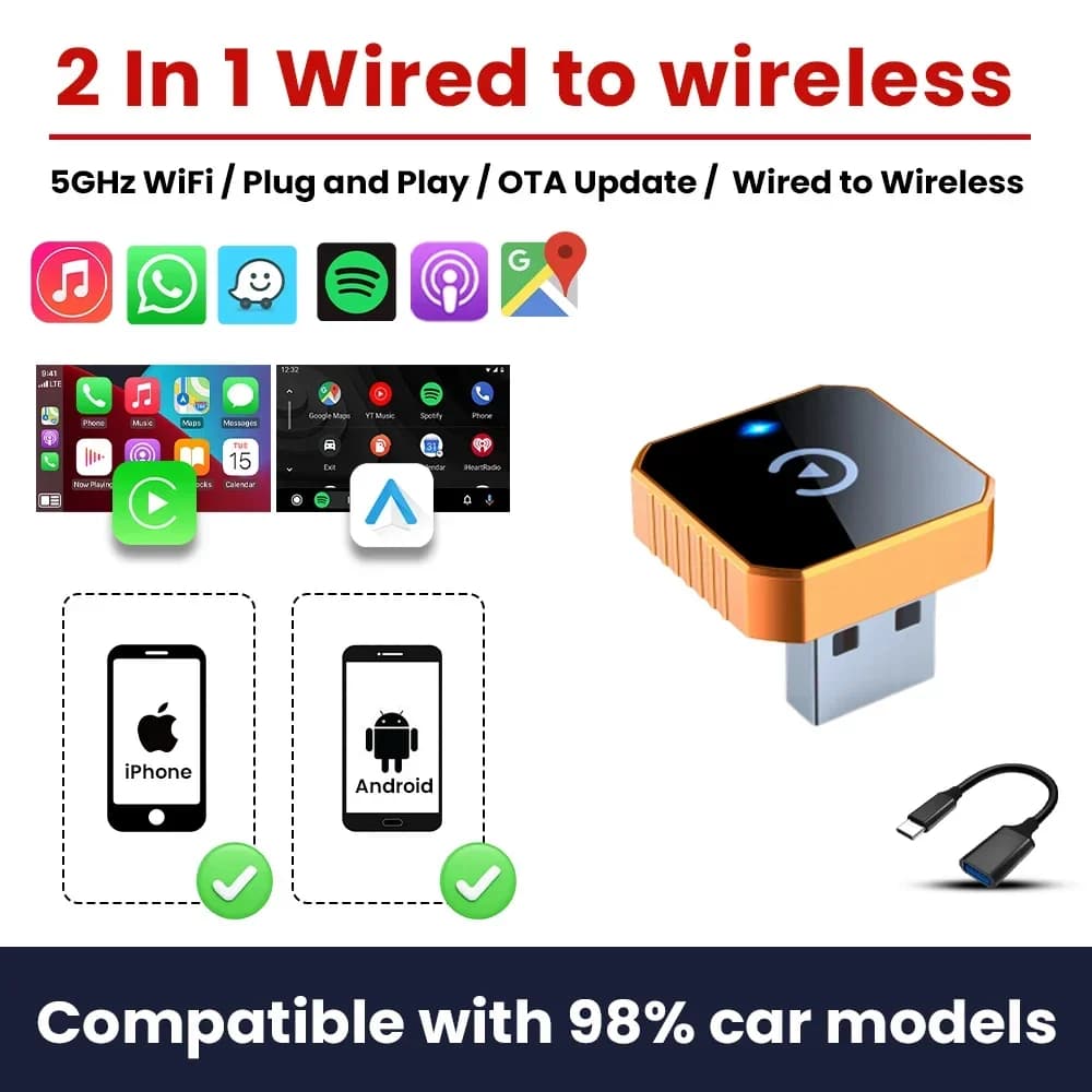Adattatore Wireless 2in1 CarPlay Android Auto Dongle USB Plug & Play Connessione Automatica per VW Ford Audi Kia Toyota VW Honda Benz Mazda