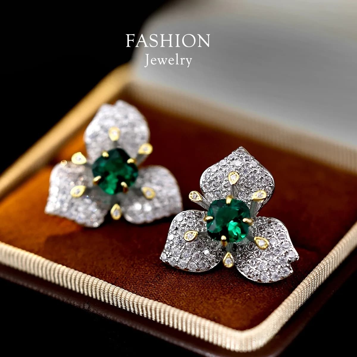 Simulated Gemstone Flower Earrings Two-Way Wear Luxury High-End Elegant Green Fashion Jewelry Studs by Rui Shiji