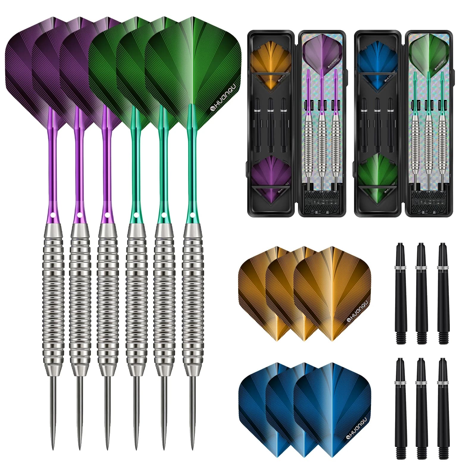 HUANQU 6pcs Iron Darts Set 20g Professional Steel Tip Darts with 2BA Shafts Standard Flights Carry Case for Training Game Party