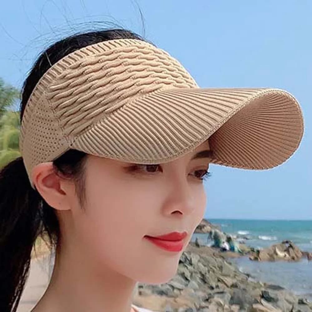 Cappello da sole portatile con visiera a maglia, tinta unita, in poliestere, a tesa lunga, traspirante, versatile, con protezione solare, a calotta aperta, da spiaggia
