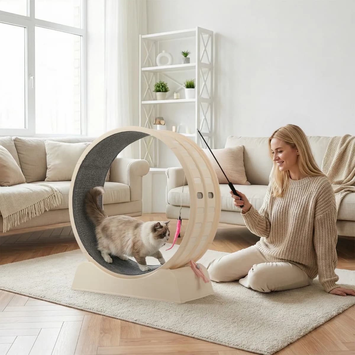 Ruota per Esercizio BONNLO per Gatti da Interno | Design Silenzioso, Materiale PP Durevole, Tapis Roulant per Gatti con Pista Moquette per una Lunga Vita dei Gattini, Include Tappeto e Bastoncino Teaser per Gatti