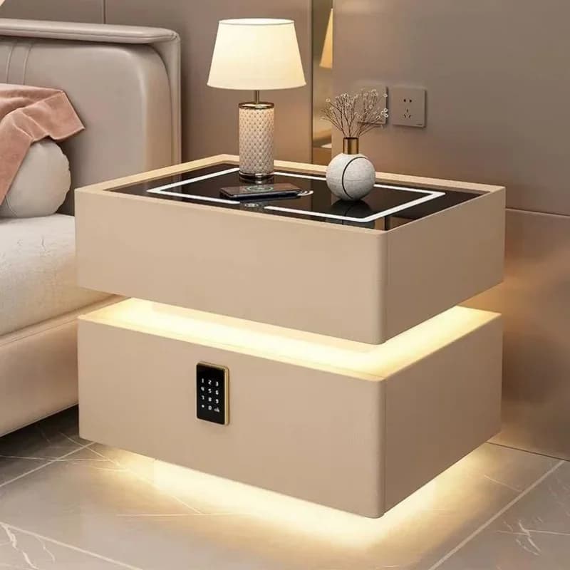 Comodino in Legno Massello Stile Moderno con Ricarica Wireless, 2 Cassetti Intelligenti con Serratura, 40cm