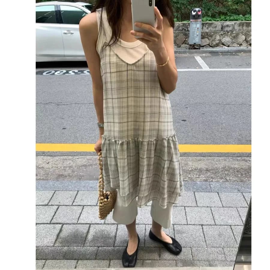 Retro Lace Polka Dot Strap Dress Women's Summer Casual Loose Fit Commute Style No Sleeve Universal Size Chinese Production