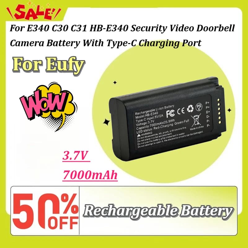 For Eufy E340 C30 C31 HB-E340 3.7V 7000mAh 25.9Wh Type-C Rechargeable Li-ion Battery Security Video Doorbell Camera Battery