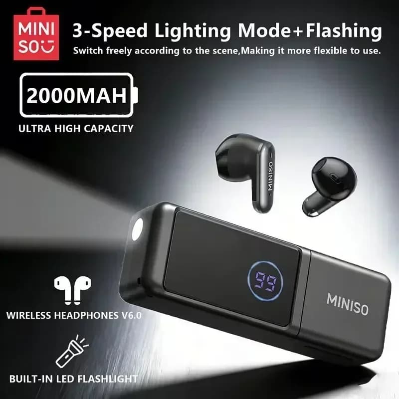 MINISO MS120 Wireless Headphones with Power Bank 2000mAh Charging Case, Built-in Flashlight, Bluetooth Earphones for Fitness