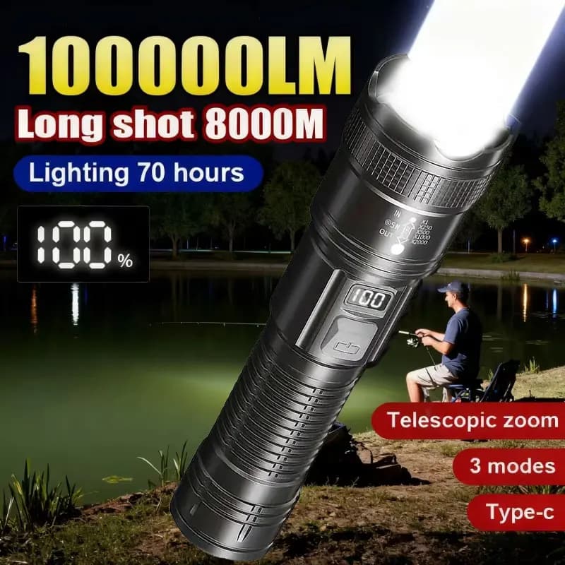 100,000 Lumen Rechargeable Portable Flashlight, Waterproof, for Camping and Open Activity, Perfect Gift for Men