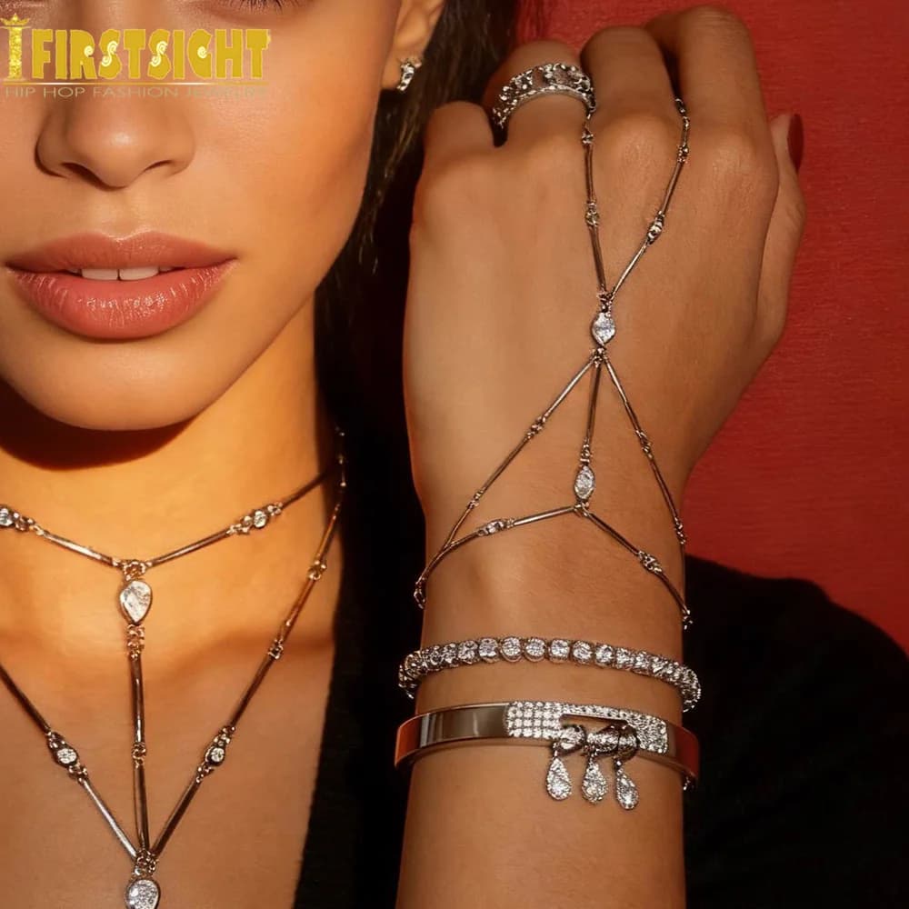2026 New Gold Color Layer Bezel Hand Chain Tear Drop Bracelet Cubic Zirconia Geometric CZ Station Chain Fashion Women Jewelry