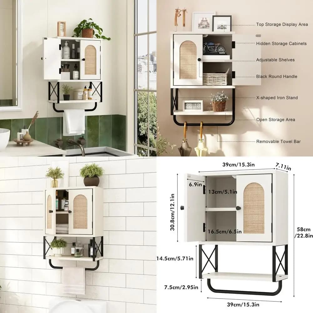 Pensile vintage in rattan bianco Boho con ante ad arco, portaoggetti sopra il WC, ripiani regolabili e portasciugamani