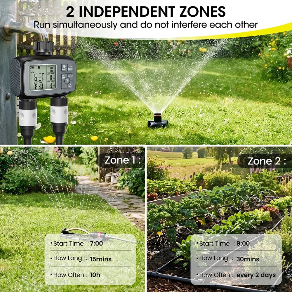 2026 New Programmable 2-Zone Sprinkler Timer Dual Garden Hose Watering System Outdoor Water Timer for Garden Hoses IPX5