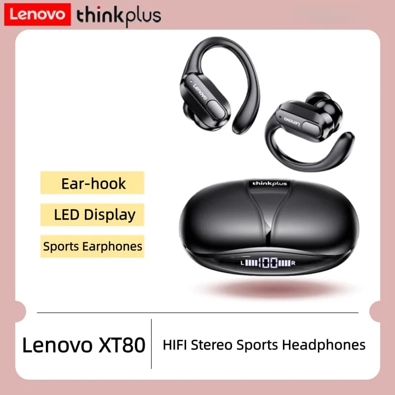 Auricolari Bluetooth Wireless Sportivi Originali Lenovo XT80 con Ganci per Orecchie, Microfoni, Display LED della Batteria, Audio Stereo Hi-Fi, Cuffie TWS ENC